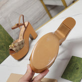 GG HORSEBIT WEDGE SANDAL IN BROWN MONOGRAM JACQUARD FABRIC AND SHEEPSKIN LINING